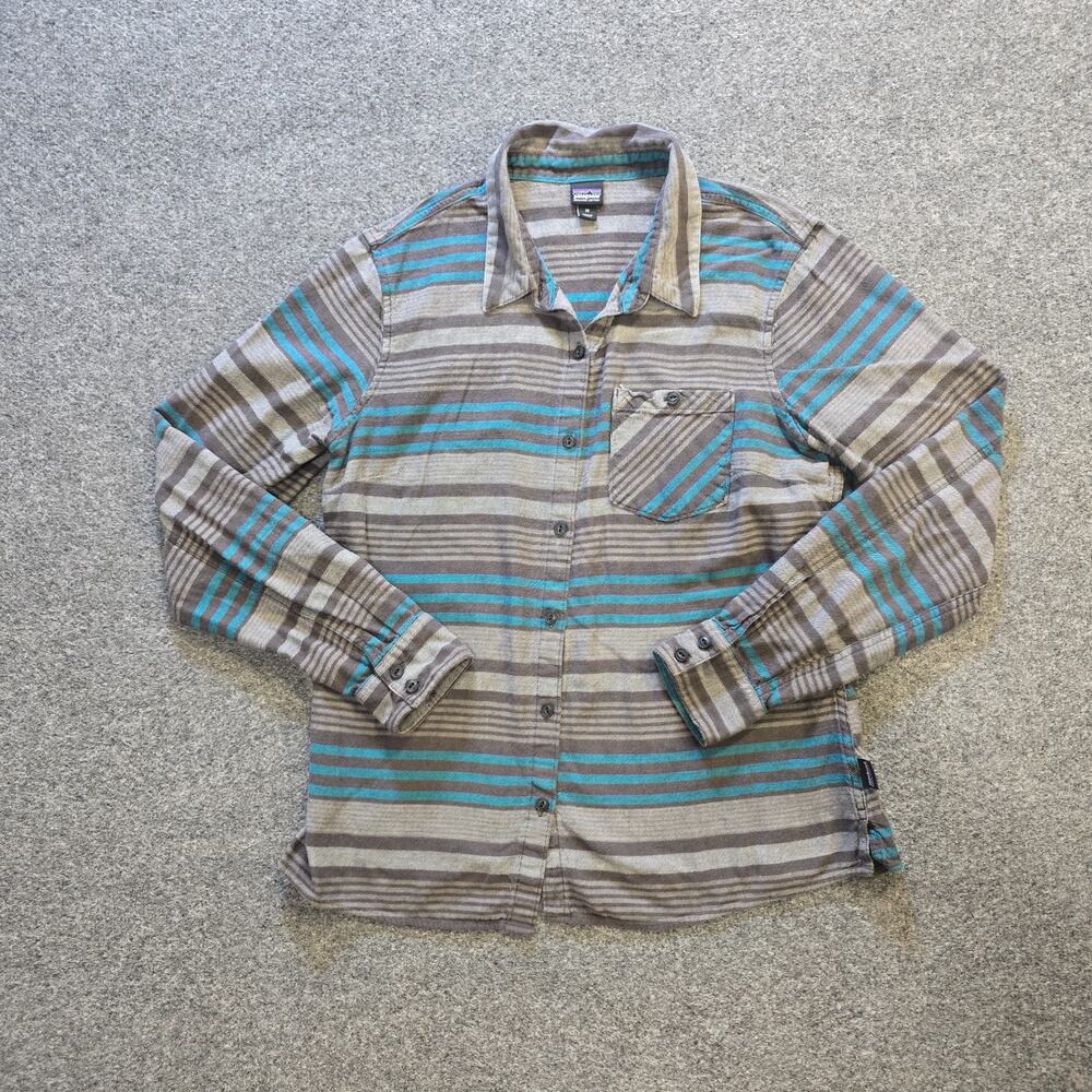 Patagonia Top Womens Size 10 Gray Green Striped Flannel Button Up Casual Outdoor